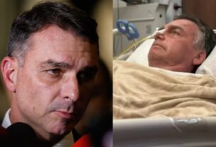 Imagem mostra Flávio Bolsonaro dando entrevista a esquerda e Ex-Presidente Jair Bolsonaro deitado em leito de Hospital a direita - Bolsonaro parou de respirar durante crise de soluços e foi internado em Brasília