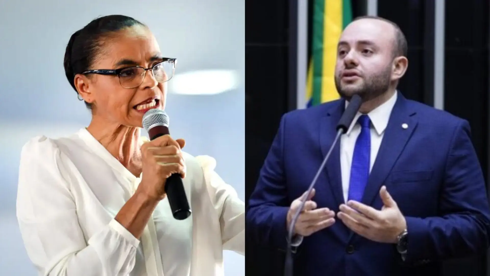Imagem dividida, na esquerda a Ministra Marina Silva e direita o Deputado Fausto Jr - Fausto Jr afirma que Marina Silva não é bem-vinda na Amazônia